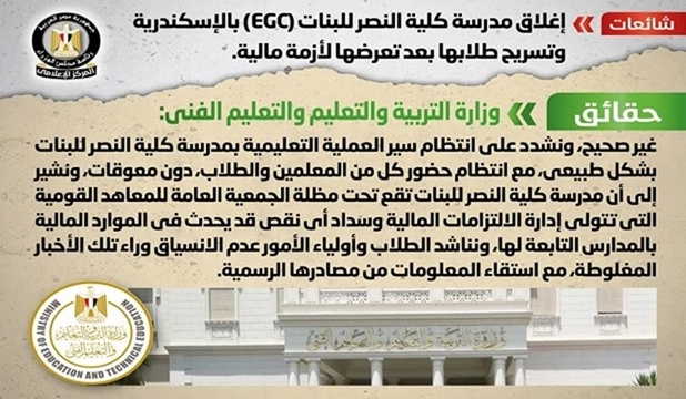حقيقة إغلاق مدرسة كلية النصر للبنات (EGC) بالإسكندرية